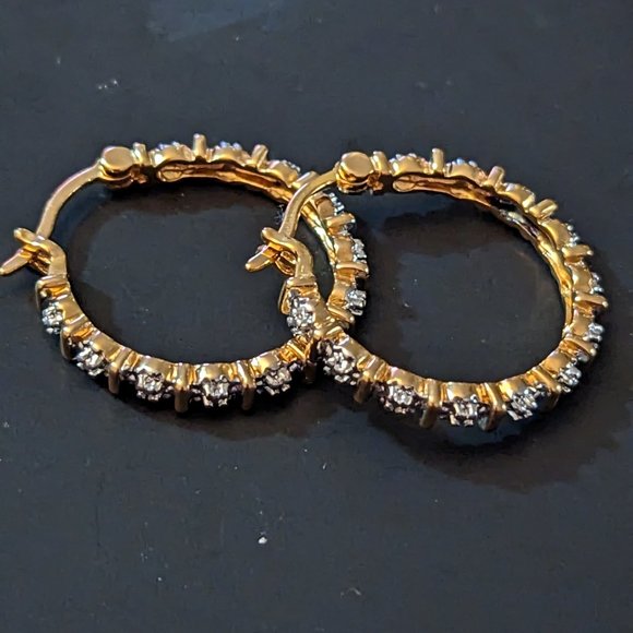 Genuine diamond accents in 18k yellow gold over sterling silver hoops - Picture 4 of 9